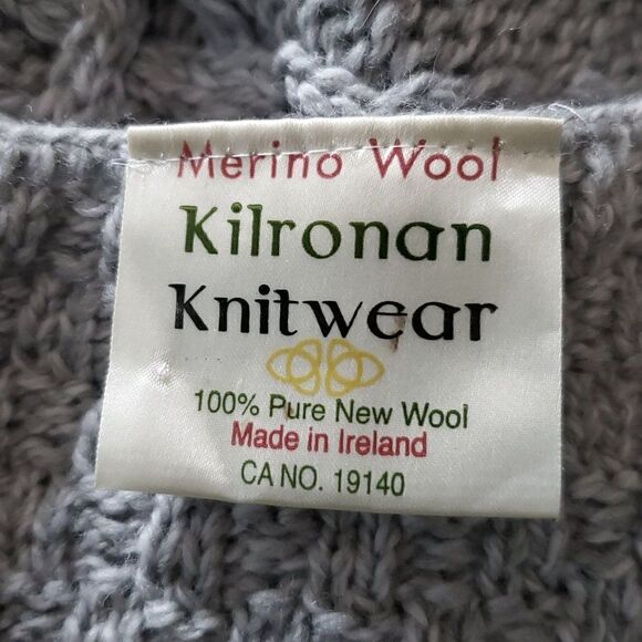 Kilronan Wool Cable Knit Cardigan Sweater M Tree Pattern Front Back Heather Gray - Picture 6 of 7